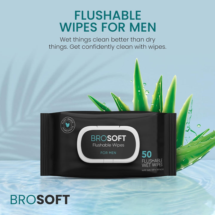 BROSOFT Flushable Wipes for Men – 50 Large Eco-Friendly Wet Wipes, Plant-Based. - PA Cosmetics