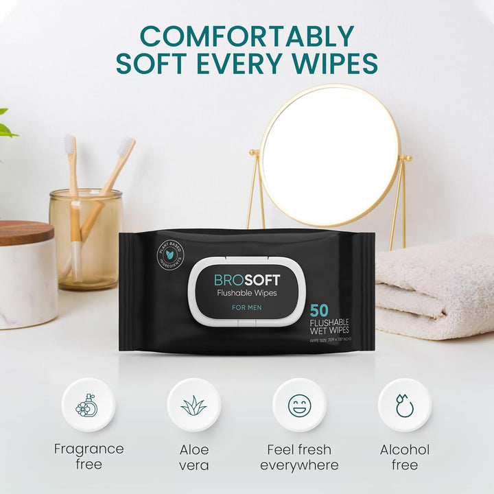 BROSOFT Flushable Wipes for Men – 50 Large Eco-Friendly Wet Wipes, Plant-Based. - PA Cosmetics