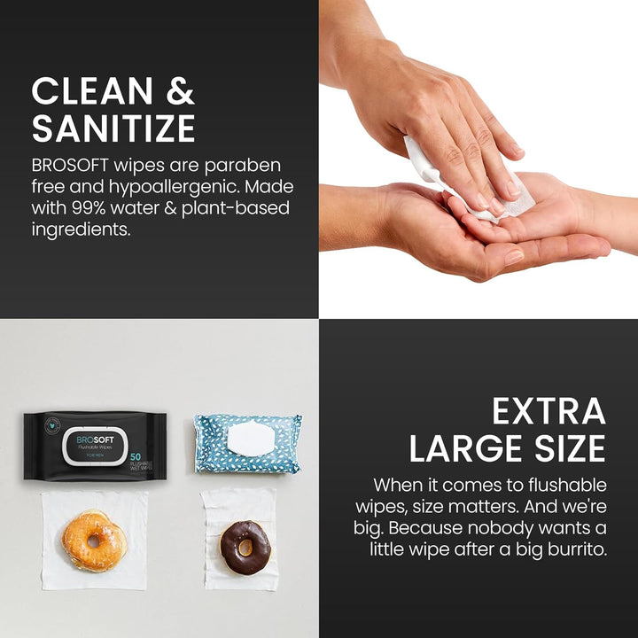 BROSOFT Flushable Wipes for Men – 50 Large Eco-Friendly Wet Wipes, Plant-Based. - PA Cosmetics