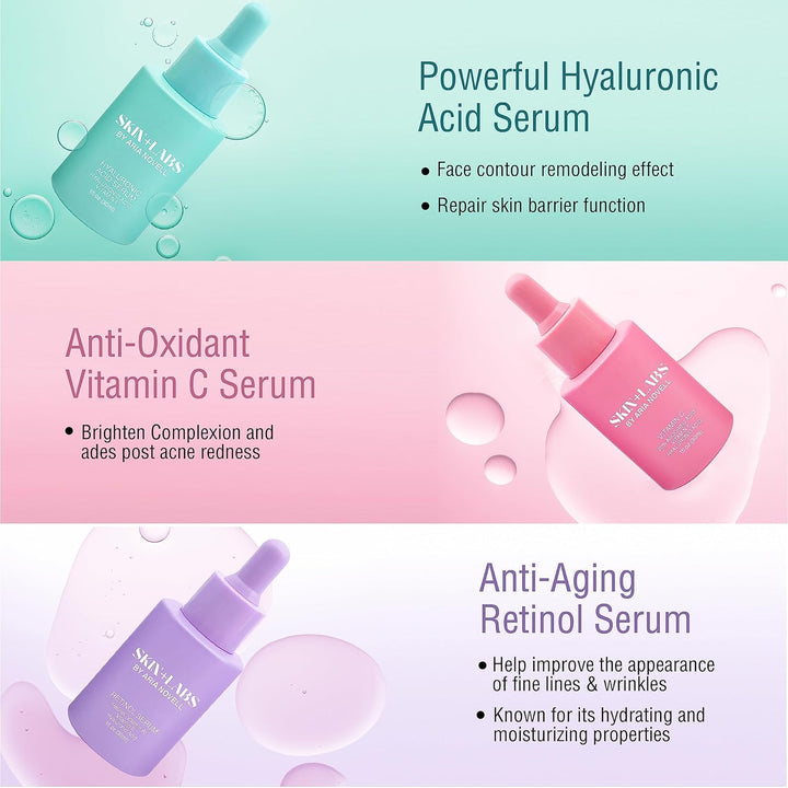 Skincare Bundle – Set of 3 Serums with Vitamin C, Retinol & Hyaluronic Acid – Brightens, Hydrates & Reduces Fine Lines - PA Cosmetics