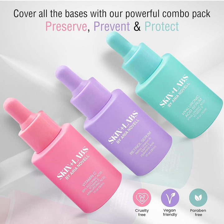 Skincare Bundle – Set of 3 Serums with Vitamin C, Retinol & Hyaluronic Acid – Brightens, Hydrates & Reduces Fine Lines - PA Cosmetics