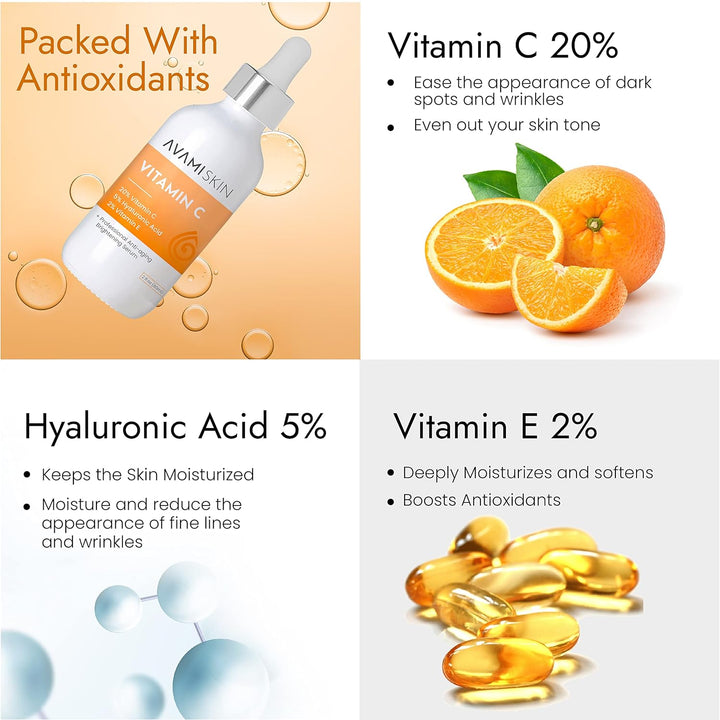 AVAMI Vitamin C Brightening Serum – Hydrating & Organic Skincare, 2 fl oz - PA Cosmetics