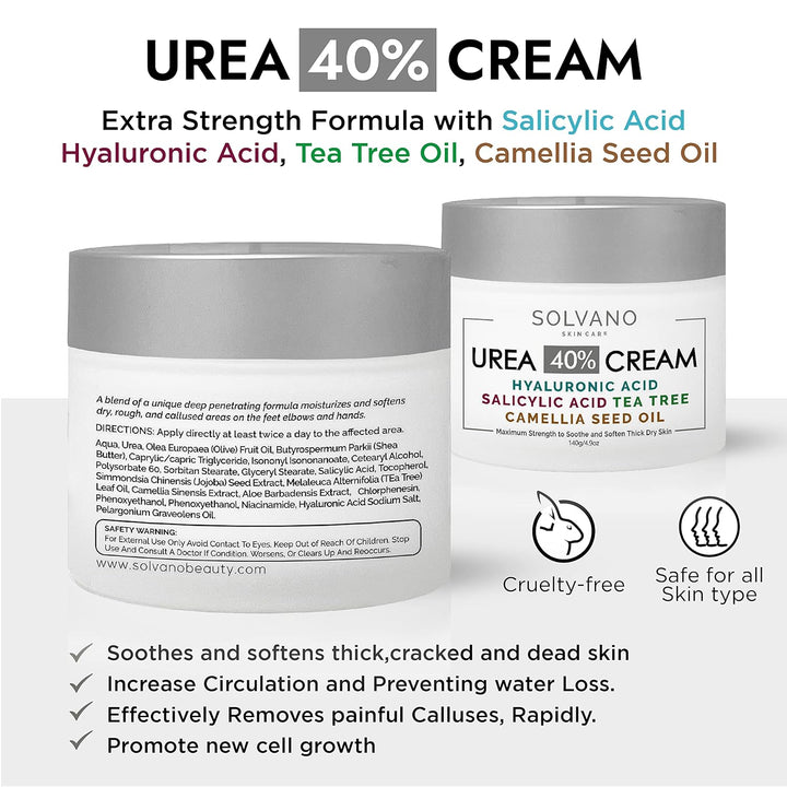 40% Urea Foot Cream – Extra Strength with Hyaluronic Acid, Salicylic Acid, Tea Tree & Camellia Oil – Softens Calluses & Dry Skin – 4.9 fl oz - PA Cosmetics