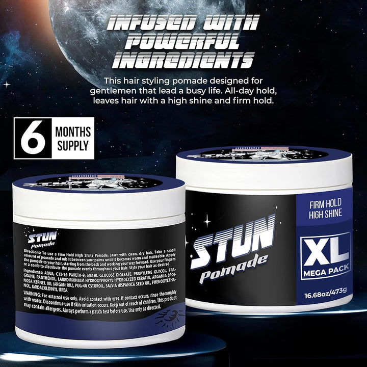 STUN Hair Pomade XL – Firm Hold, High Shine, Water-Based 16.7oz - STUN