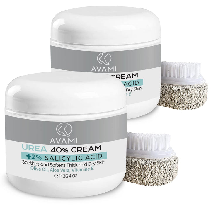 AVAMI 40% Urea Foot Cream with Salicylic Acid – Cracked Heel Repair with Free Pumice Stone (2-Pack) - PA Cosmetics